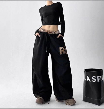 TALKLESSFASHION American vintage plush leopard print embroidered spliced wide-leg casual sweatpants Jazz dance sporty loose scimitar pants