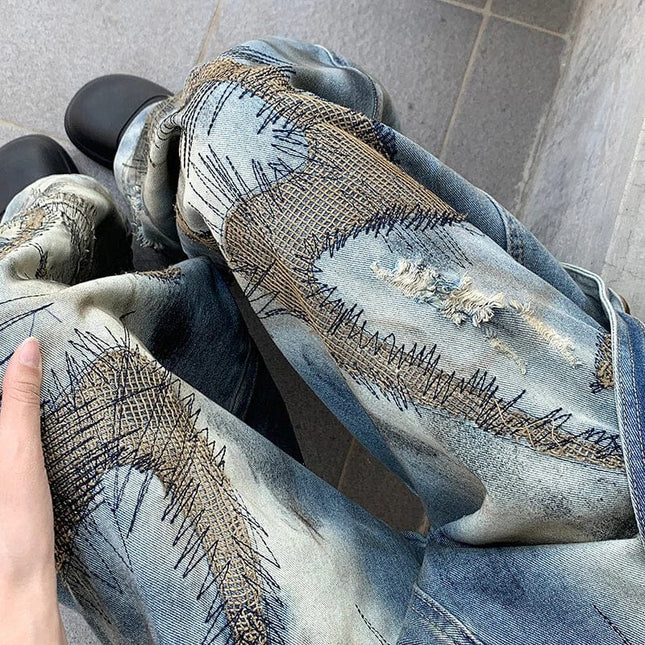 TALKLESSFASHION Asymmetric Patchwork denim baggy jean ---8470