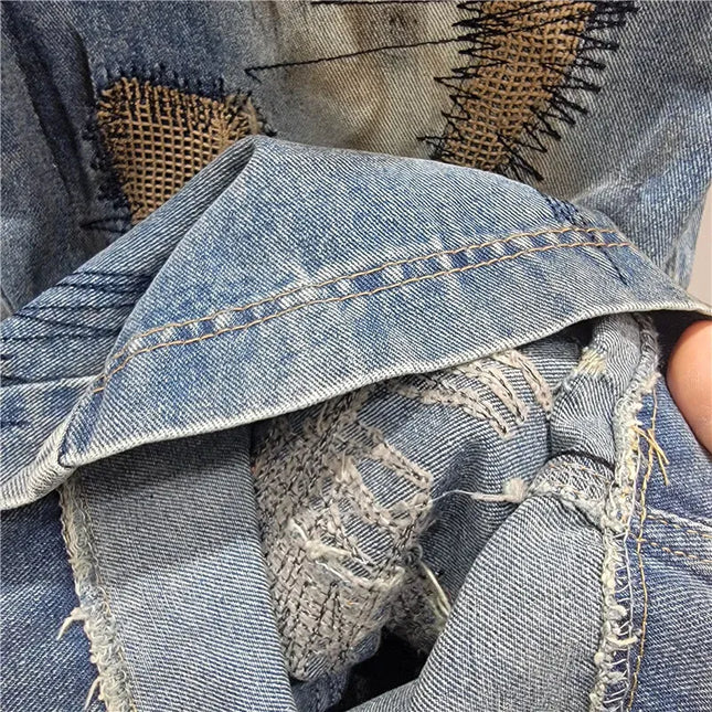 TALKLESSFASHION Asymmetric Patchwork denim baggy jean ---8470