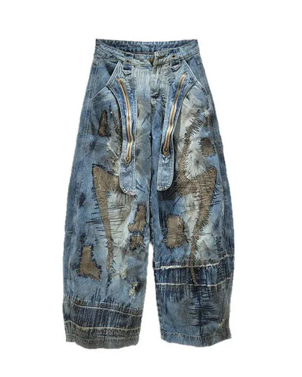 TALKLESSFASHION Asymmetric Patchwork denim baggy jean ---8470
