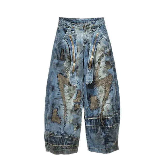 TALKLESSFASHION Asymmetric Patchwork denim baggy jean ---8470