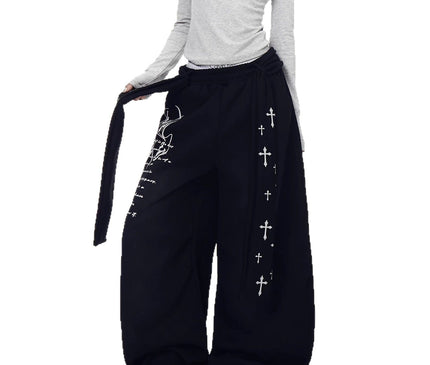 TALKLESSFASHION [Belt] Korean lazy style hip-hop letter cross printed women's winter fleece jazz dance scimitar pants