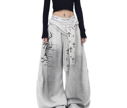 TALKLESSFASHION [Belt] Korean lazy style hip-hop letter cross printed women's winter fleece jazz dance scimitar pants
