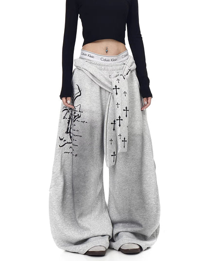 TALKLESSFASHION [Belt] Korean lazy style hip-hop letter cross printed women's winter fleece jazz dance scimitar pants
