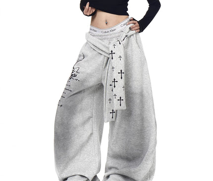 TALKLESSFASHION [Belt] Korean lazy style hip-hop letter cross printed women's winter fleece jazz dance scimitar pants