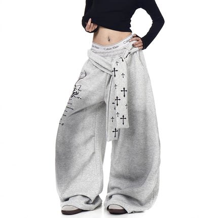 TALKLESSFASHION [Belt] Korean lazy style hip-hop letter cross printed women's winter fleece jazz dance scimitar pants