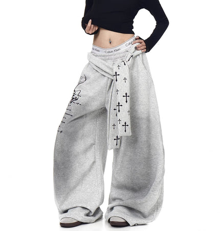 TALKLESSFASHION [Belt] Korean lazy style hip-hop letter cross printed women's winter fleece jazz dance scimitar pants