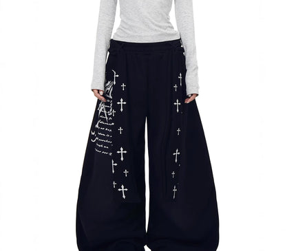TALKLESSFASHION [Belt] Korean lazy style hip-hop letter cross printed women's winter fleece jazz dance scimitar pants