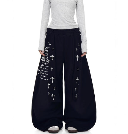 TALKLESSFASHION [Belt] Korean lazy style hip-hop letter cross printed women's winter fleece jazz dance scimitar pants