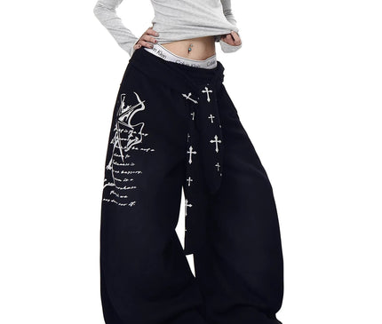 TALKLESSFASHION [Belt] Korean lazy style hip-hop letter cross printed women's winter fleece jazz dance scimitar pants