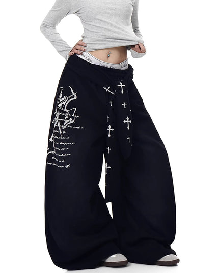 TALKLESSFASHION [Belt] Korean lazy style hip-hop letter cross printed women's winter fleece jazz dance scimitar pants