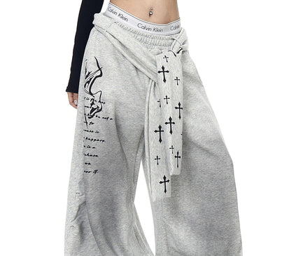 TALKLESSFASHION [Belt] Korean lazy style hip-hop letter cross printed women's winter fleece jazz dance scimitar pants