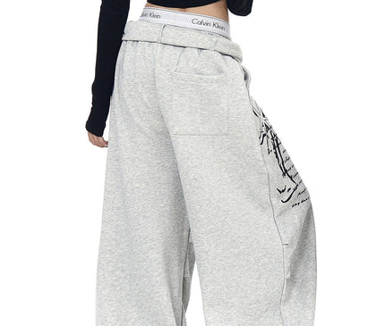 TALKLESSFASHION [Belt] Korean lazy style hip-hop letter cross printed women's winter fleece jazz dance scimitar pants