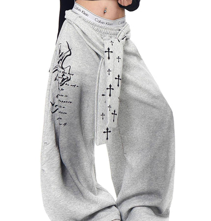 TALKLESSFASHION [Belt] Korean lazy style hip-hop letter cross printed women's winter fleece jazz dance scimitar pants