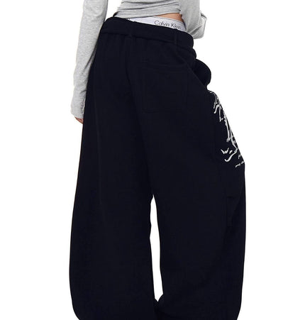 TALKLESSFASHION [Belt] Korean lazy style hip-hop letter cross printed women's winter fleece jazz dance scimitar pants