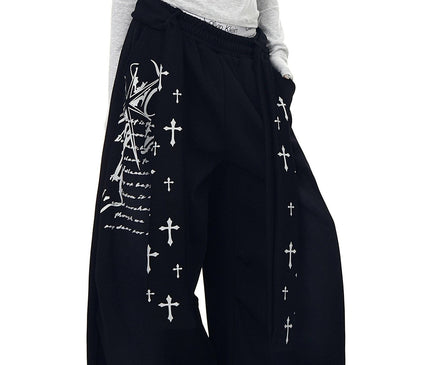 TALKLESSFASHION [Belt] Korean lazy style hip-hop letter cross printed women's winter fleece jazz dance scimitar pants