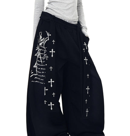 TALKLESSFASHION [Belt] Korean lazy style hip-hop letter cross printed women's winter fleece jazz dance scimitar pants