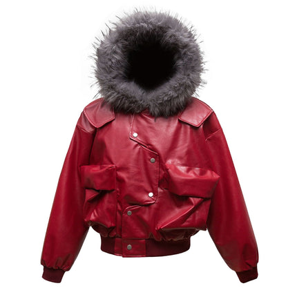 TALKLESSFASHION Big Fur Collar PU Leather Puffer