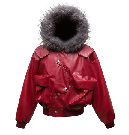 TALKLESSFASHION Big Fur Collar PU Leather Puffer