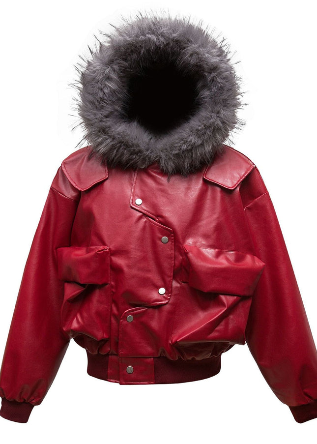 TALKLESSFASHION Big Fur Collar PU Leather Puffer