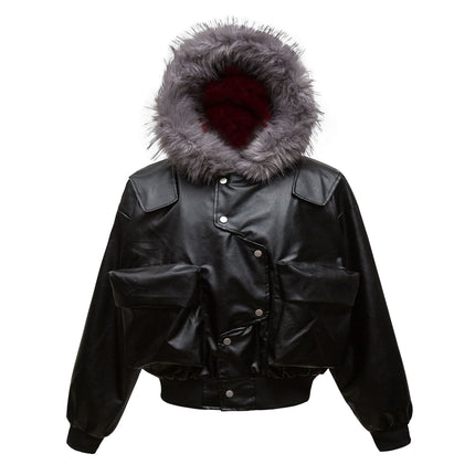 TALKLESSFASHION Big Fur Collar PU Leather Puffer