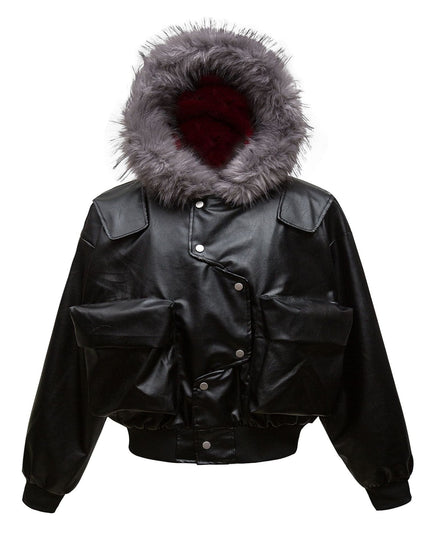 TALKLESSFASHION Big Fur Collar PU Leather Puffer