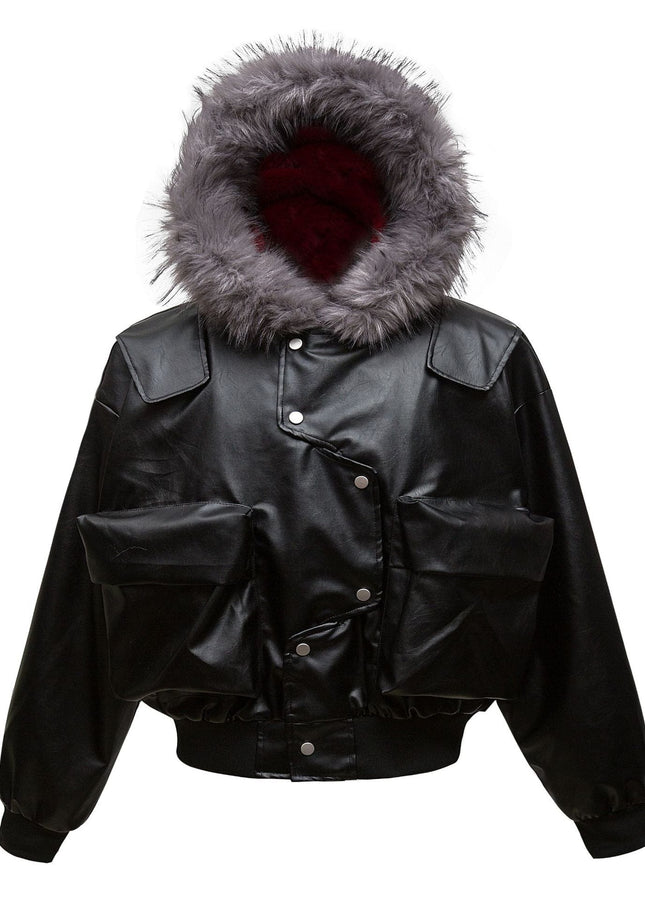 TALKLESSFASHION Big Fur Collar PU Leather Puffer