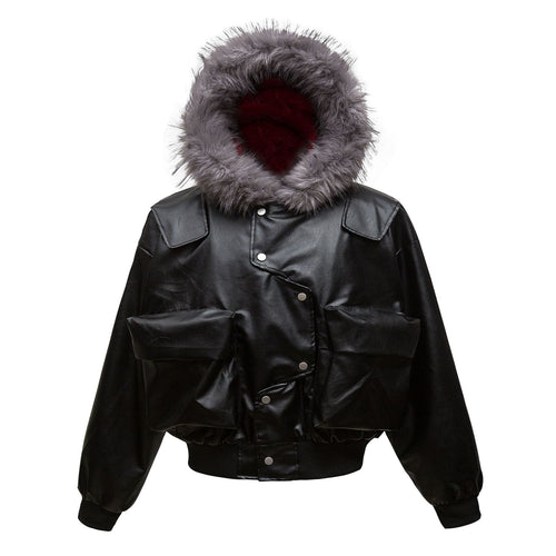 THETLSTUDIO Big Fur Collar PU Leather Puffer
