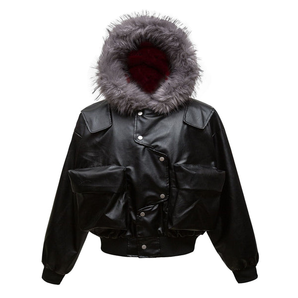 Big Fur Collar PU Leather Puffer