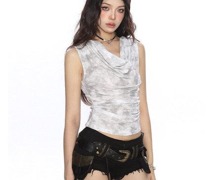 TALKLESSFASHION BIGGOLD American hot girl tie-dye swing collar pleated vest women's summer wasteland style waist slimming sleeveless top