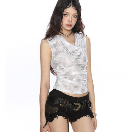 TALKLESSFASHION BIGGOLD American hot girl tie-dye swing collar pleated vest women's summer wasteland style waist slimming sleeveless top