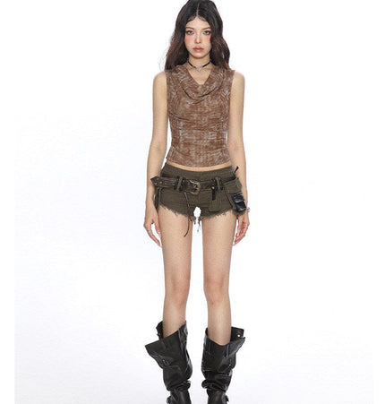 TALKLESSFASHION BIGGOLD American hot girl tie-dye swing collar pleated vest women's summer wasteland style waist slimming sleeveless top