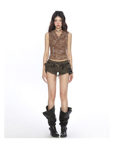 TALKLESSFASHION BIGGOLD American hot girl tie-dye swing collar pleated vest women's summer wasteland style waist slimming sleeveless top