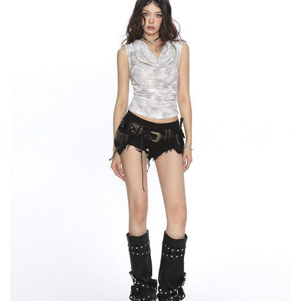 TALKLESSFASHION BIGGOLD American hot girl tie-dye swing collar pleated vest women's summer wasteland style waist slimming sleeveless top