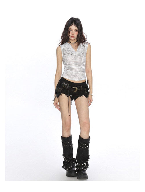 THETLSTUDIO BIGGOLD American hot girl tie-dye swing collar pleated vest women's summer wasteland style waist slimming sleeveless top