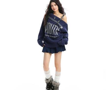 TALKLESSFASHION BIGGOLD American letter design slanted shoulder sweater women's autumn and winter thickened warm off-the-shoulder knit top trend
