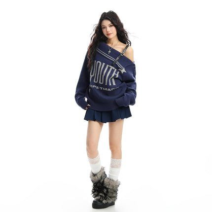 TALKLESSFASHION BIGGOLD American letter design slanted shoulder sweater women's autumn and winter thickened warm off-the-shoulder knit top trend