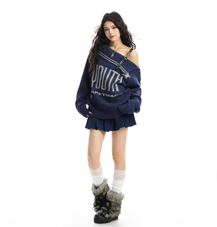THETLSTUDIO BIGGOLD American letter design slanted shoulder sweater women's autumn and winter thickened warm off-the-shoulder knit top trend