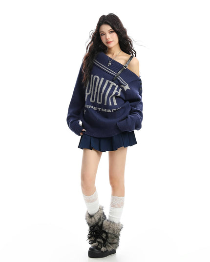 TALKLESSFASHION BIGGOLD American letter design slanted shoulder sweater women's autumn and winter thickened warm off-the-shoulder knit top trend