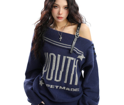 TALKLESSFASHION BIGGOLD American letter design slanted shoulder sweater women's autumn and winter thickened warm off-the-shoulder knit top trend