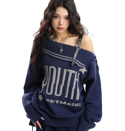 THETLSTUDIO BIGGOLD American letter design slanted shoulder sweater women's autumn and winter thickened warm off-the-shoulder knit top trend