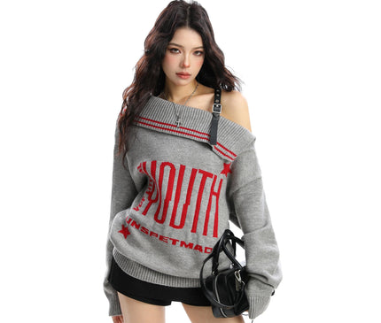 TALKLESSFASHION BIGGOLD American letter design slanted shoulder sweater women's autumn and winter thickened warm off-the-shoulder knit top trend