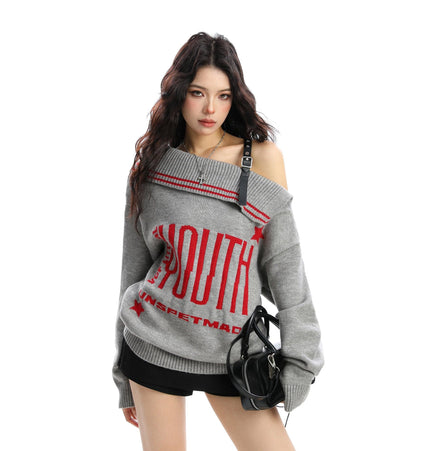 THETLSTUDIO BIGGOLD American letter design slanted shoulder sweater women's autumn and winter thickened warm off-the-shoulder knit top trend