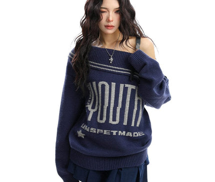 TALKLESSFASHION BIGGOLD American letter design slanted shoulder sweater women's autumn and winter thickened warm off-the-shoulder knit top trend