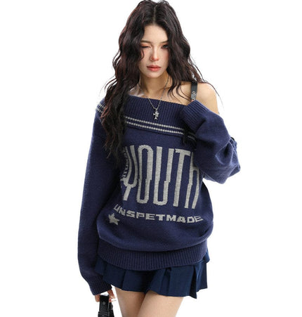 THETLSTUDIO BIGGOLD American letter design slanted shoulder sweater women's autumn and winter thickened warm off-the-shoulder knit top trend