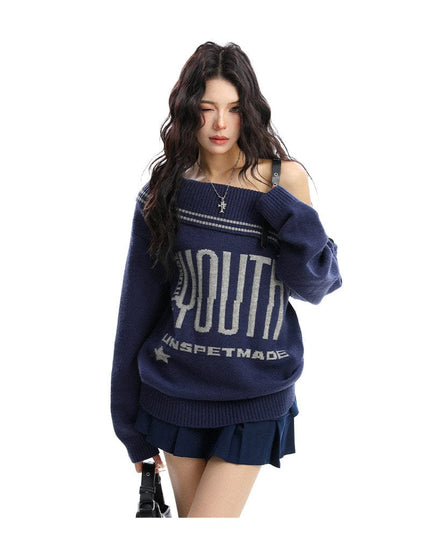 TALKLESSFASHION BIGGOLD American letter design slanted shoulder sweater women's autumn and winter thickened warm off-the-shoulder knit top trend