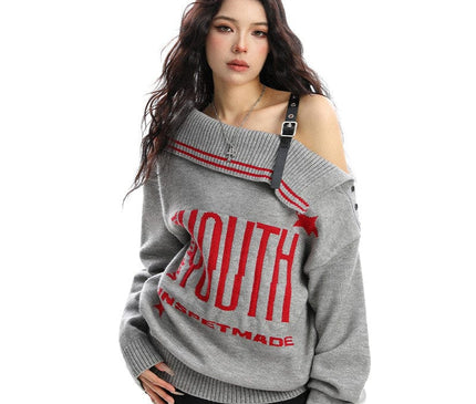TALKLESSFASHION BIGGOLD American letter design slanted shoulder sweater women's autumn and winter thickened warm off-the-shoulder knit top trend