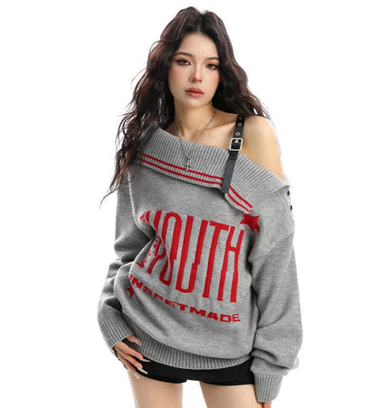 THETLSTUDIO BIGGOLD American letter design slanted shoulder sweater women's autumn and winter thickened warm off-the-shoulder knit top trend
