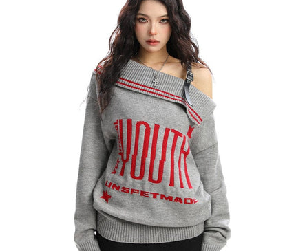 TALKLESSFASHION BIGGOLD American letter design slanted shoulder sweater women's autumn and winter thickened warm off-the-shoulder knit top trend
