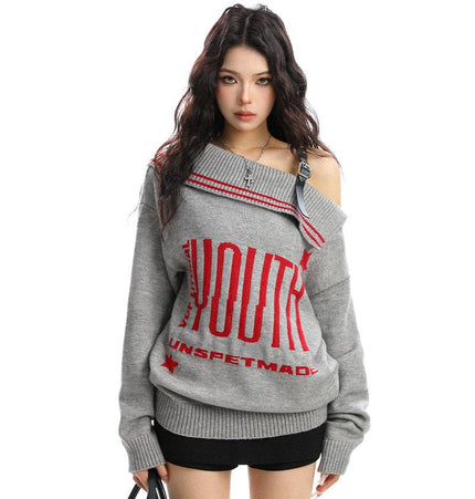 THETLSTUDIO BIGGOLD American letter design slanted shoulder sweater women's autumn and winter thickened warm off-the-shoulder knit top trend